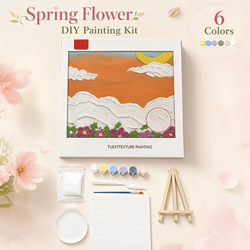 2‑Style Texture Painting Kit, Includes 6‑color paint cup, frame, palette knife, brush, quartz sand, wooden easel & mixing palette. 2 soothing color schemes for beginners. Perfect for seascape art, stress‑relief DIY