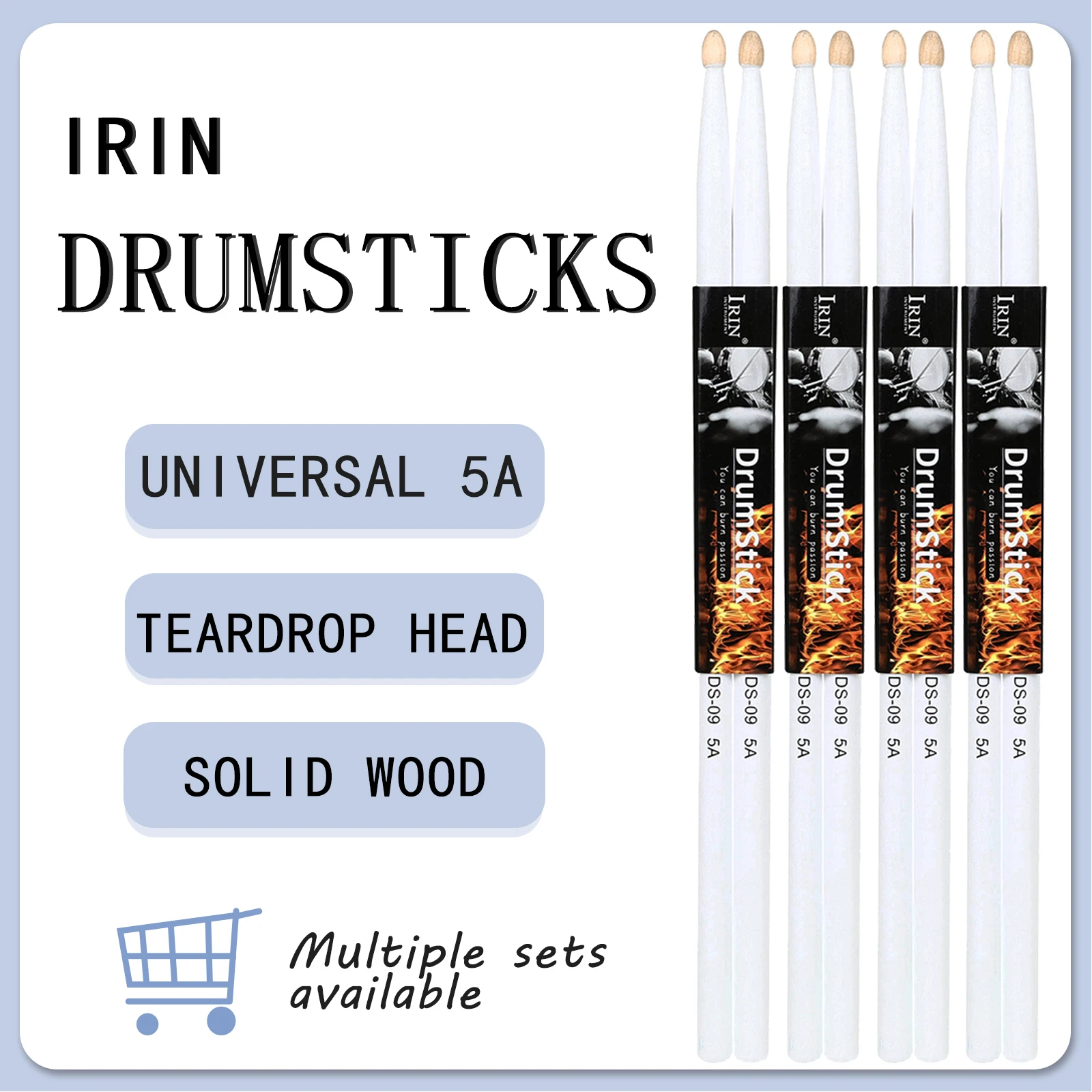 IRIN Drumstick Jazz Drum 5A Solid Wood Pair Drum Sticks Percussion Instrument Sturdy Maple White Drum Universal Accessories