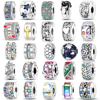 Silver Clasp 925 เงินสเตอร์ลิง CZ Pave คลิป Charms ลูกปัด Stopper ห่วงโซ่ความปลอดภัยพอดีสร้อยข้อมือเดิมเครื่องประดับคลิป DIY