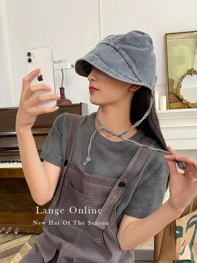 2024 neue Japanische und Koreanische Retro Denim Eimer Hut frauen Mode Krawatte Vier Jahreszeiten Gewaschen Denim Becken Hut Kurze krempe Sonnenhut – Detail 1