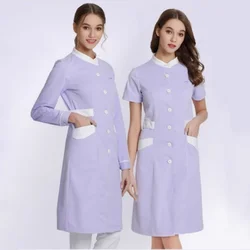 Purple Nurse uniform beauty salon work uniform long sleeved womens hospital guidance outfits stand collar A-line hem Nurse dress