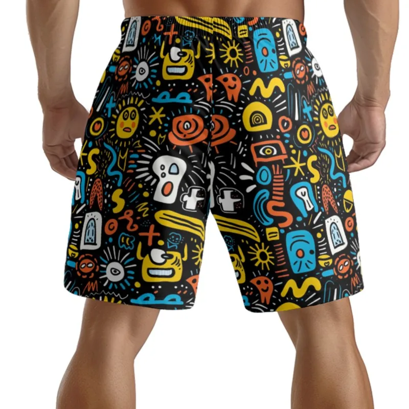 Colorful Graffiti Print Men's Drawstring Waist Shorts Quick Dry Polyester Breathable Beach Shorts Casual Sport Shorts