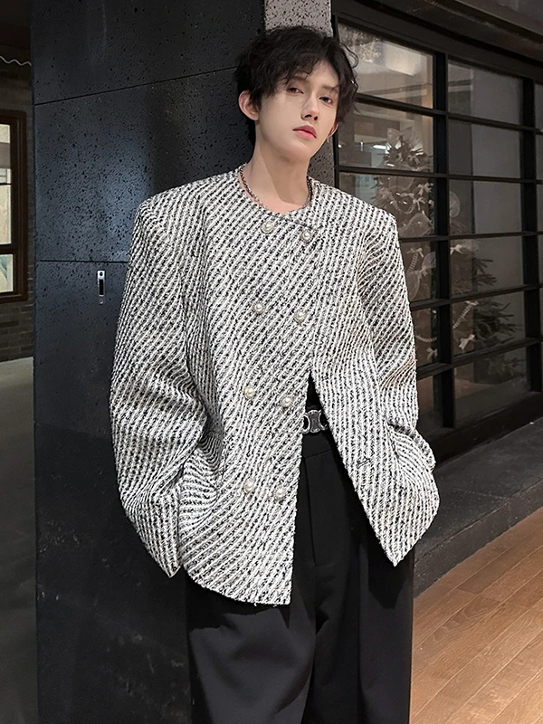 

oulder Padded ort Men's Jaet Luxury Plaid Sle Double Breasted Suit Coat No Collar Trendy Top Casual Loose Fit Polyest...