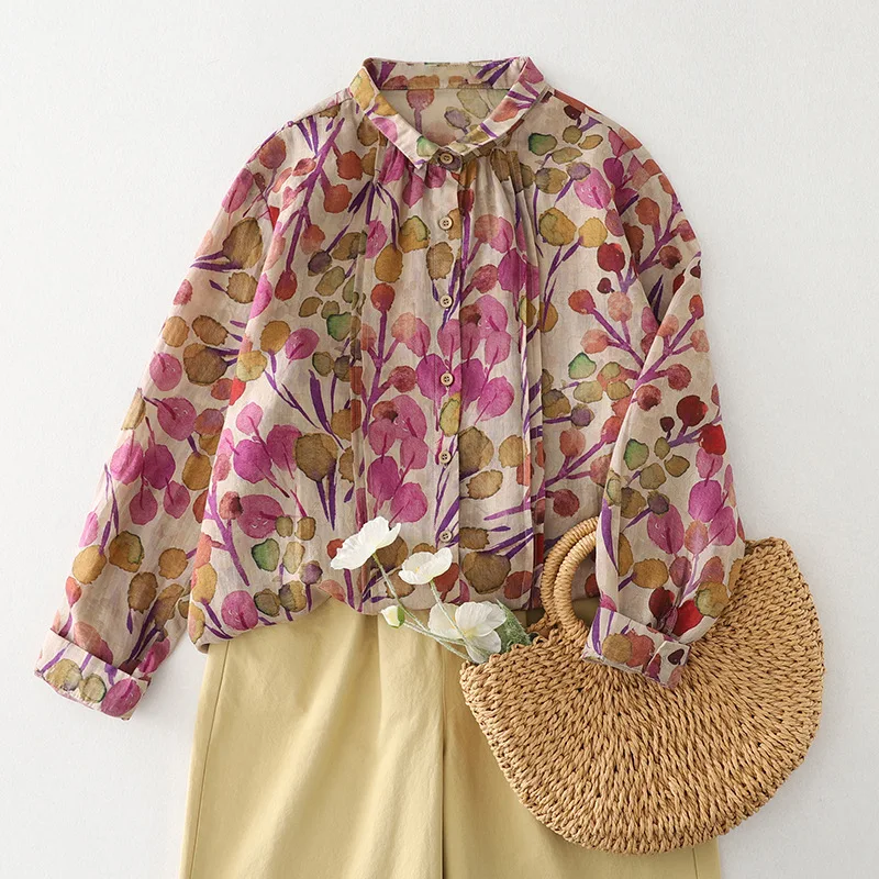 

2026 New Women Sweet Artistic Printed Blouse Loose Casual O Neck Long Sleeve Top Comfortable Breathable Spring Daily Outfit