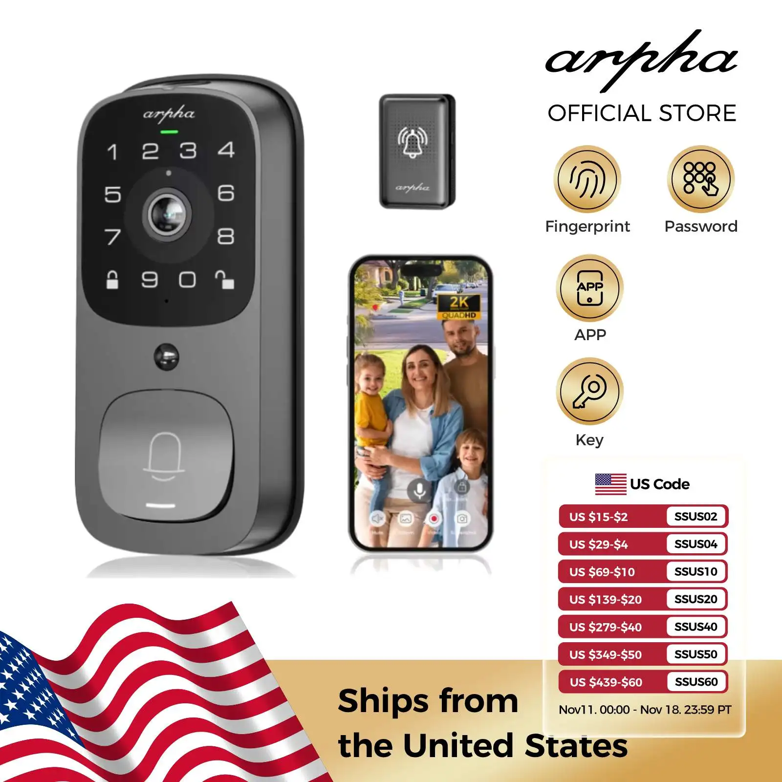 

Arpha Smart Door Lock AL501 6 in 1 WiFi Smart Door Lock with Video Doorbell & Fingerprint 32GB Keyless Entry Digital Keypad