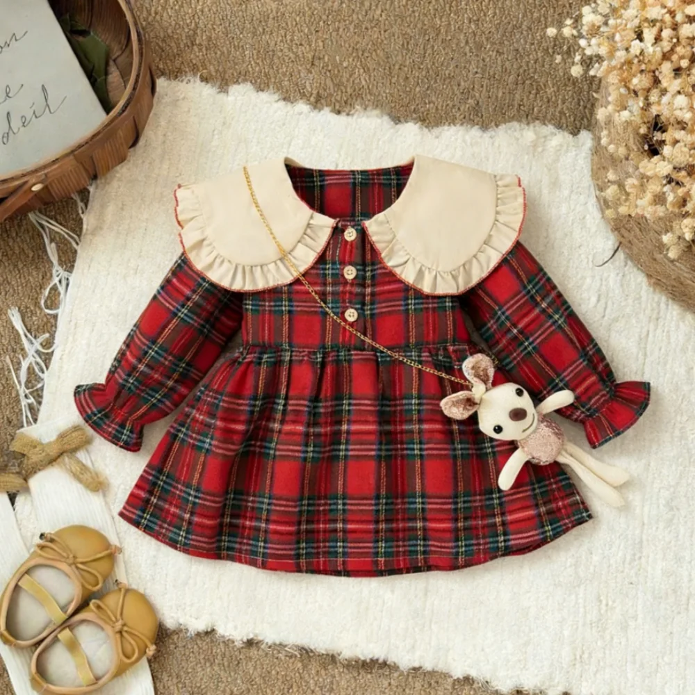 

Платье для девочек, весенне-осеннее хлопковое платье с клетчатым воротником и длинными рукавами для маленьких девочек, очаровательное детское платье принцессы, одежда для маленьких девочек