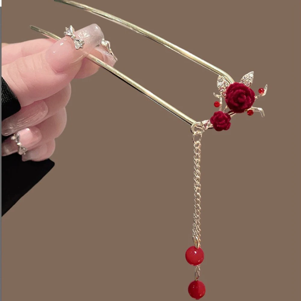 دبوس شعر وردي مخملي أحمر شرابات تصميم رومانسي مستوحى من الصين إكسسوار تقليدي أنيق يومي ساحر ومتطور #4