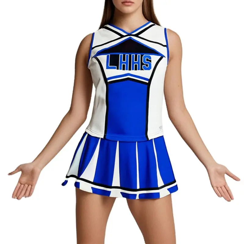 女性用チアリーダーコスチューム制服衣装トップミニプリーツスカートストッキングポンポンカーニバルチアリーディングスーツセット