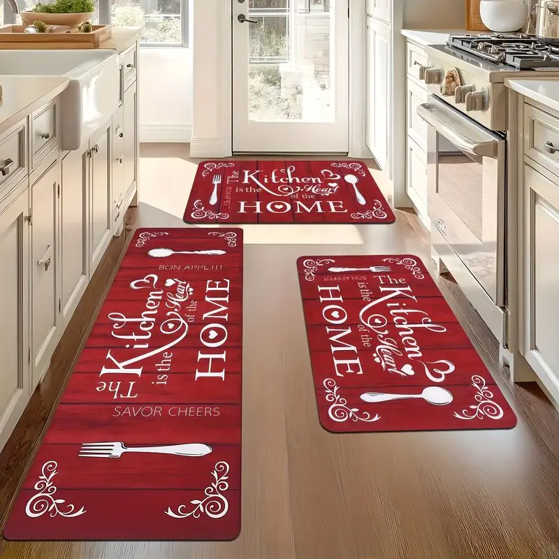 Redwood Patterned Kitchen Mat The Heart of the Home Slogan Tableware Decorative Non Slip Rug Home Decor Farmhouse Runner