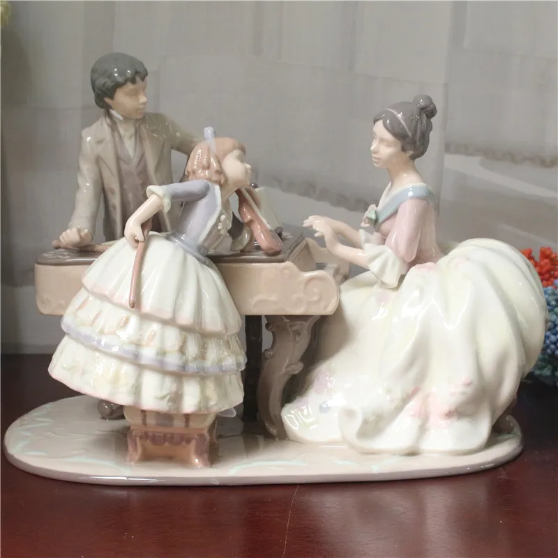 Elegant ceramic figure porcelain puppet playing piano ornament desktop exhibition hall collection