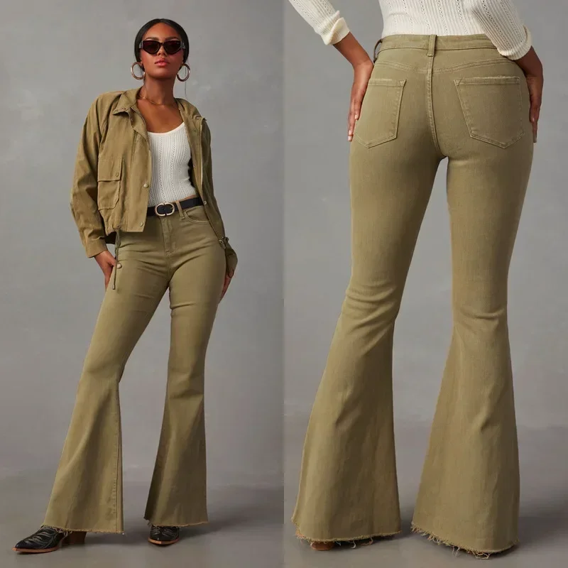 

Flare Pants Women Vintage Jeans Mid Waist Pockets Button Zipper Fly Basics Solid Denim Trousers 2024 Female Streetwear Denims