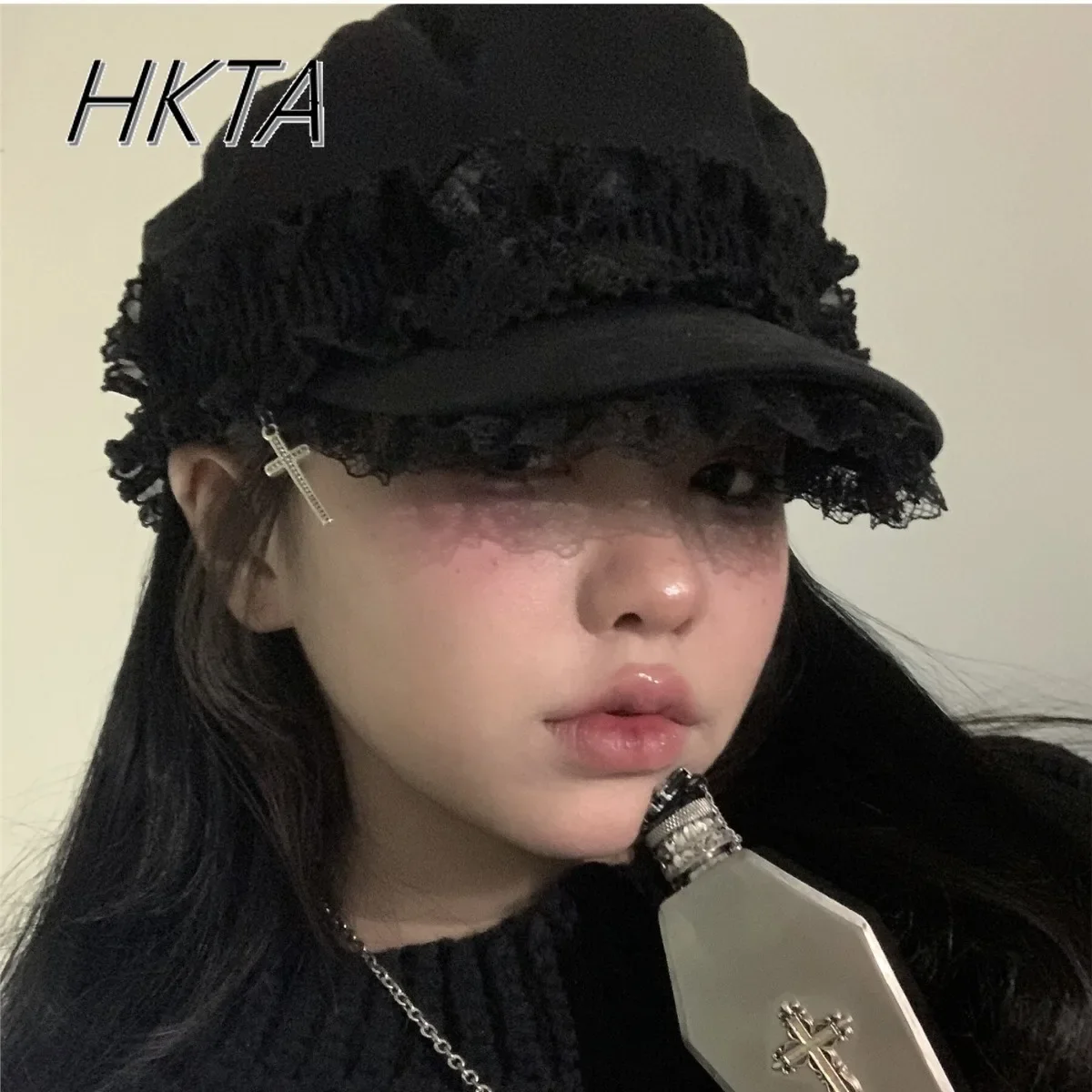 Japanese Girl Millennial Y2K Hat Double-layer Lace Cross Dark Design Sense Beret Fashionable Versatile Face Small Black Cap Hats