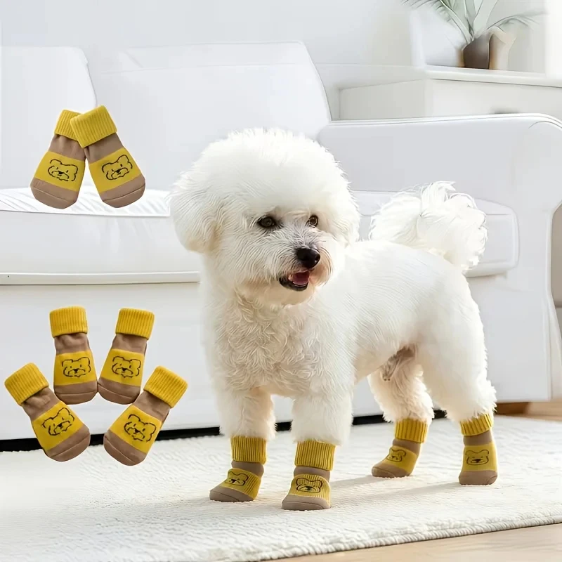 

4Pcs Anti-Slip Dog Socks Indoor Paw Protector Breathable Cotton Knitted Pet Socks for Small Medium Dogs