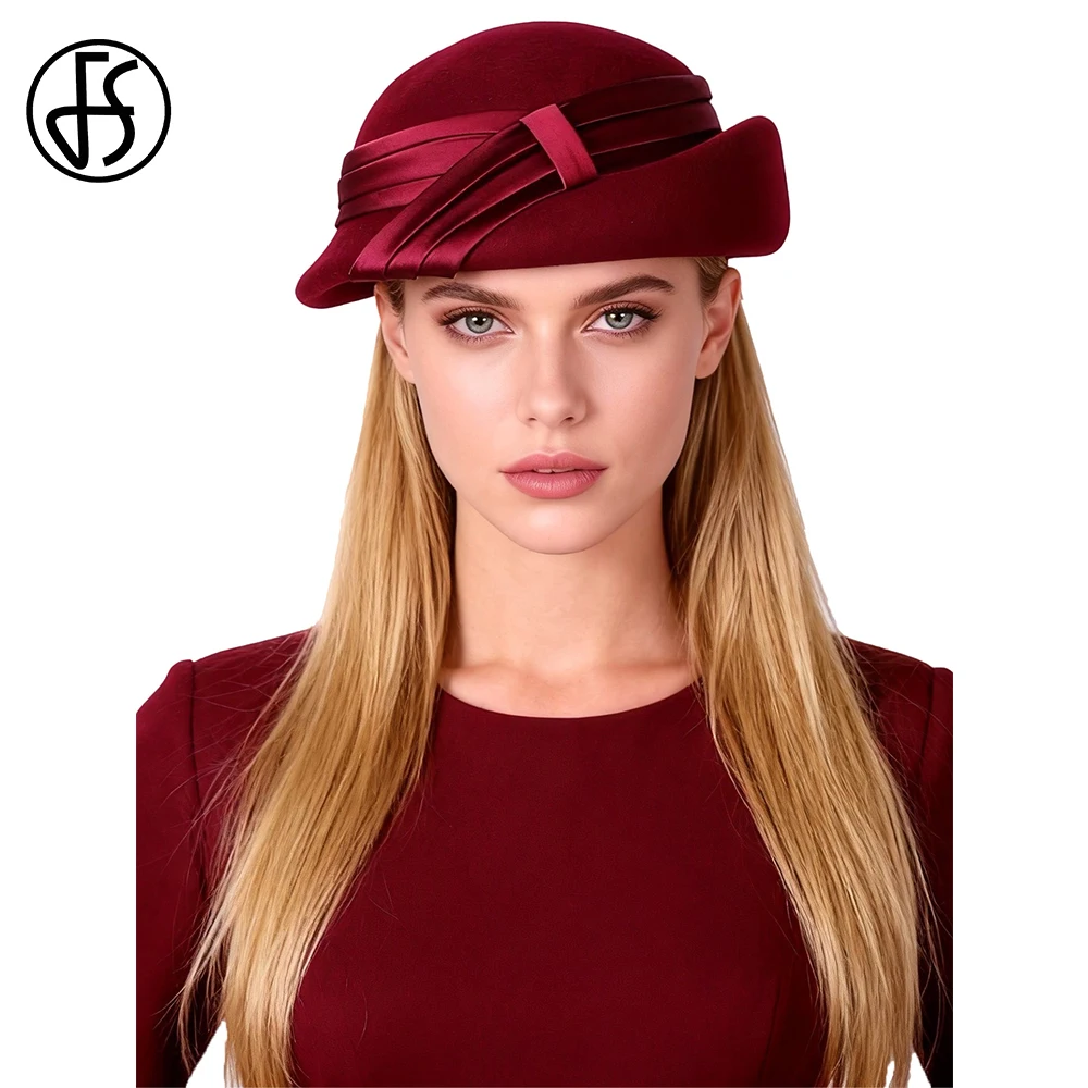 

FS Wine Red Pink Church Hat Formal Dress Wool Fascinators Hats Vintage Felt Derby Cap Ladies Beret Caps Chapeau Femme 2026