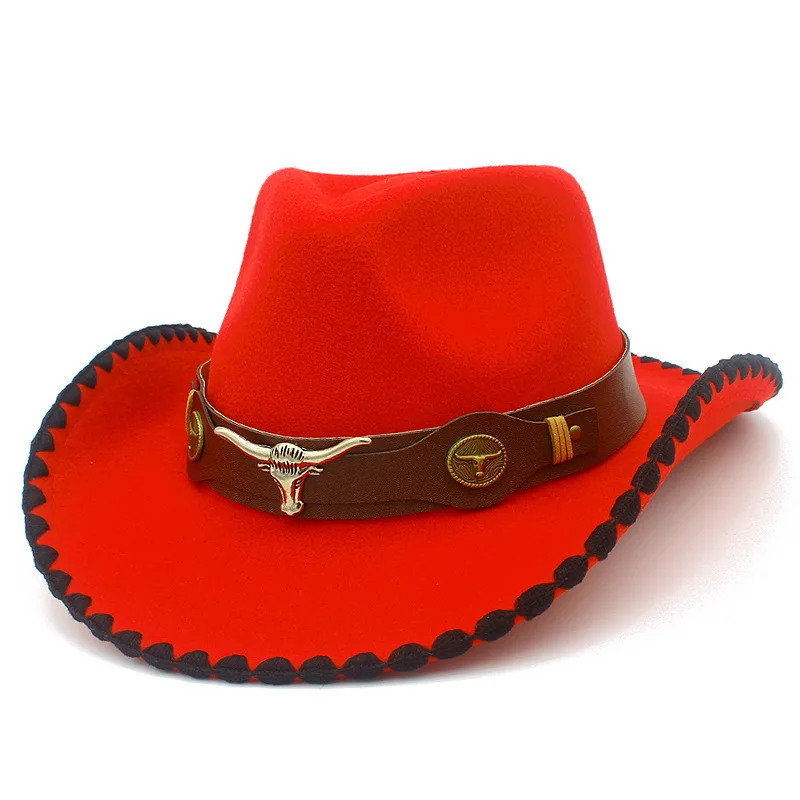 Retro Rolled Brim Western Cowboy Hat with Bull Logo European American Style Wool Felt Top Hat Unisex Outdoor Jazz Hat for All Se