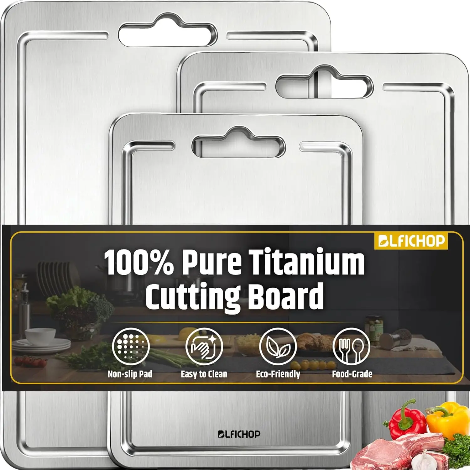 

3pcs 100% Pure Titanium Cutting Boards with Juice Groove, Double-Sided Non-Toxic Chopping Boards for kitchen Meat, Veget