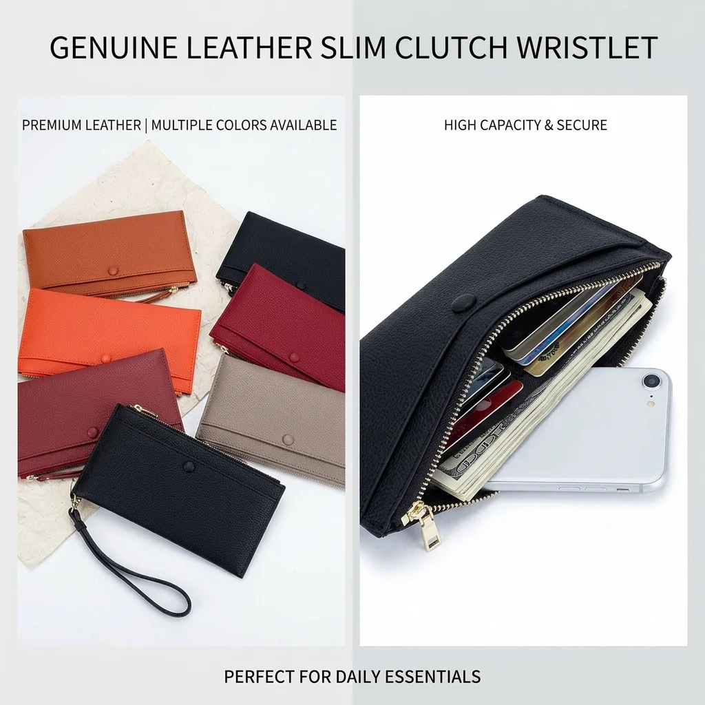 

Genuine Leather Long Wallet for Women Large Capacity Credit Card Holder Luxury Wristlet Clutch Bag Female Purse Phone Pocket