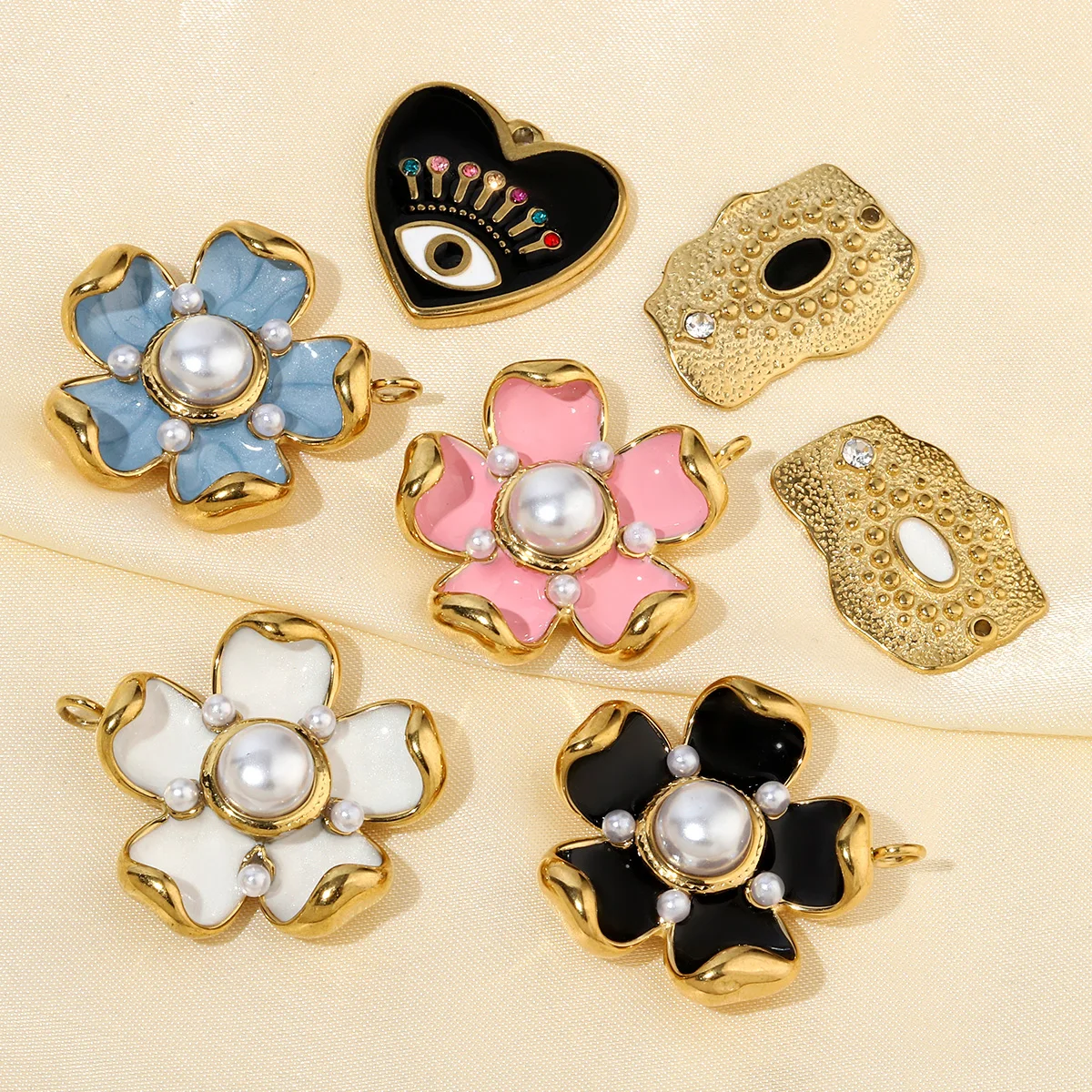 3pcs/Lot French Antique Pink Flower Stainless Steel Diy Charms Women Heart Evil Eye Necklace Pendant Wholesale Jewelry