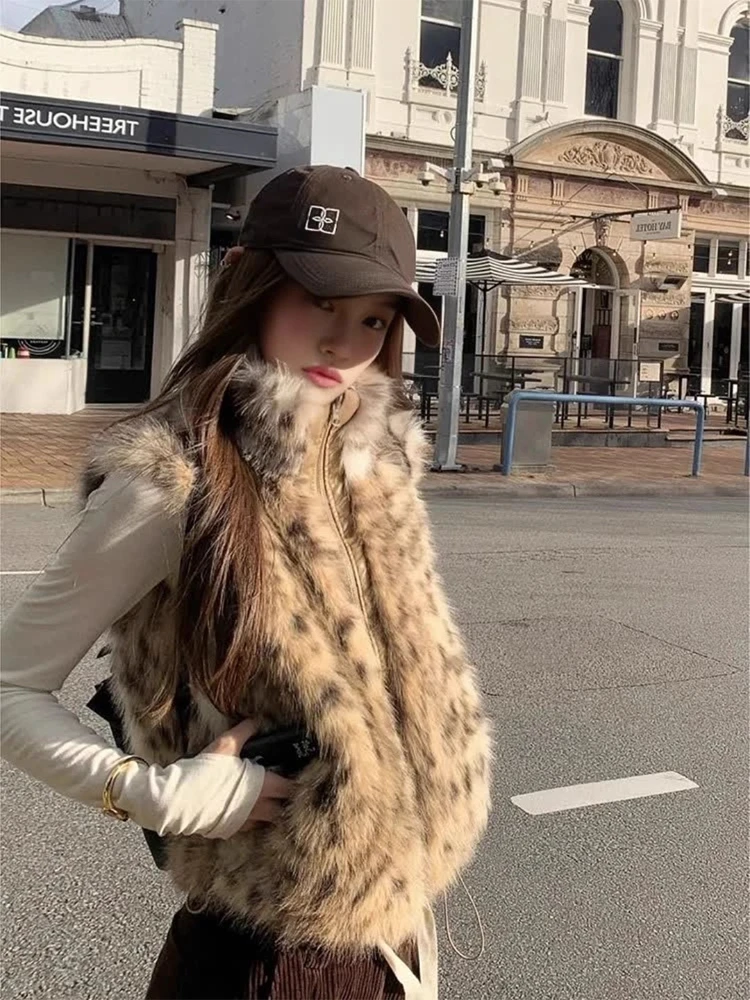 Vintage gradiente leopardo colete de pele do falso feminino gola eco-pele colete outono inverno rua legal zip-front jaqueta