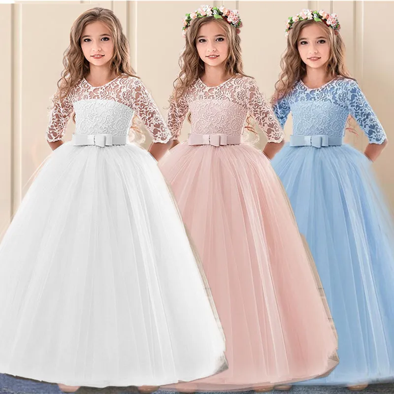 Teen Girl Elegant Long Dresses Brridesmaid Girl Lace Flower Wedding Costume 12 14 Years Children White 1st Communion Foraml Gown