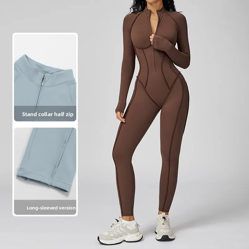 Women Long Sleeve Zip Up Jumpsuit Contour Seam Bodycon Workout Bodysuit Yoga One Piece Sportswear with Zipper