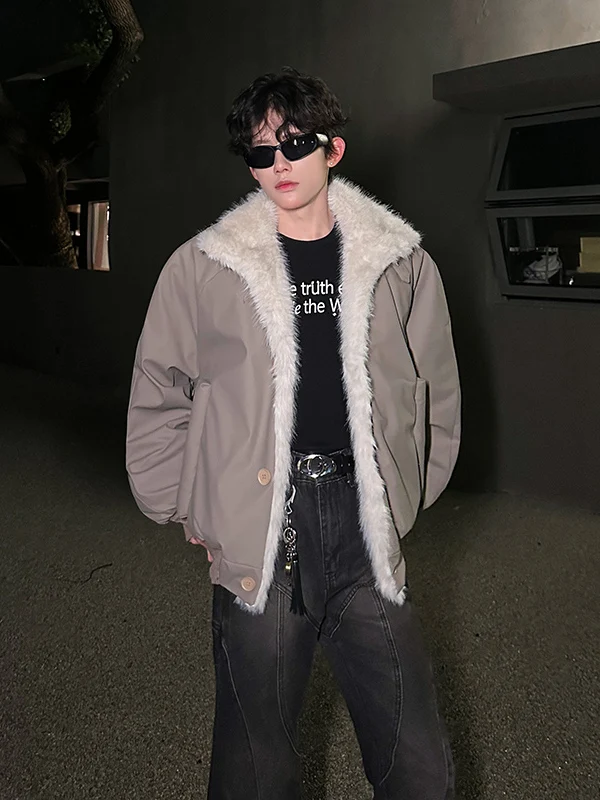 

American Sle Heavyweight Men's Cotton Jaet Winter Thiened High Street Loose Fit Stand Collar Fur Trim Leather Coat