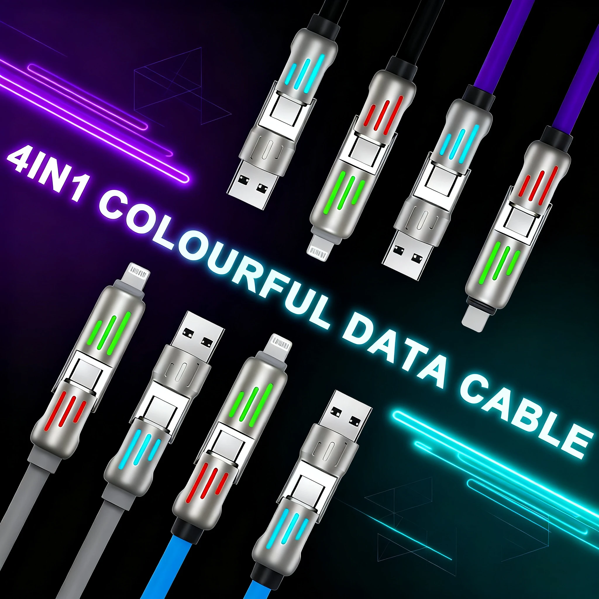 4 in 1 Multi Connectors Charger Rotating Elbow USB to Type-C 1.2m Mobile Phone 240W Fast Charging Silicone Cable Data Transfer