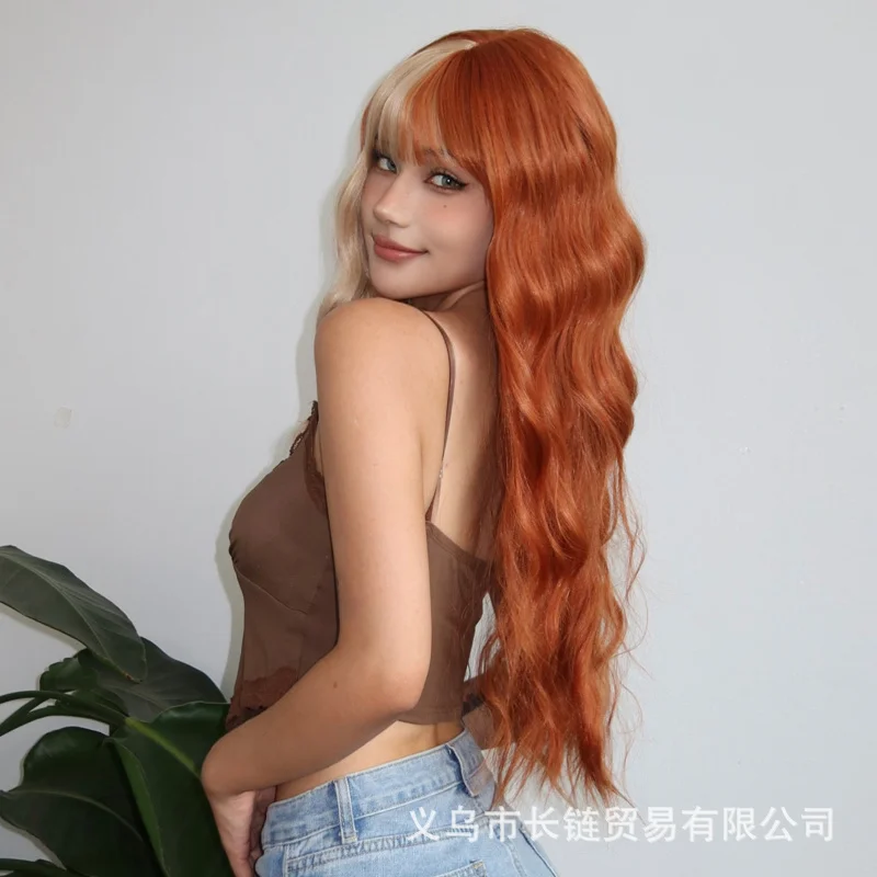 

Best-selling European and American full-head wig with neat bangs, orange-gold two-tone long curly hair, high-temperature synthet