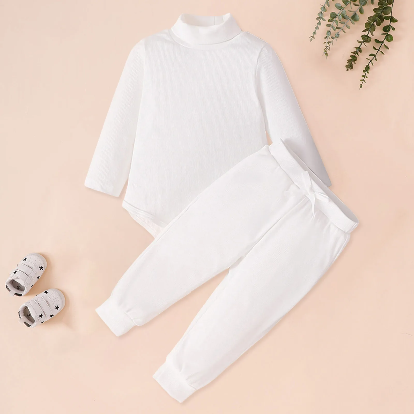 

2025 Baby Outfits Fashion Solid Color Long Sleeve High Neck Design Sweatshirt Casual Loose Comfy Cotton Pants Sets For Babies