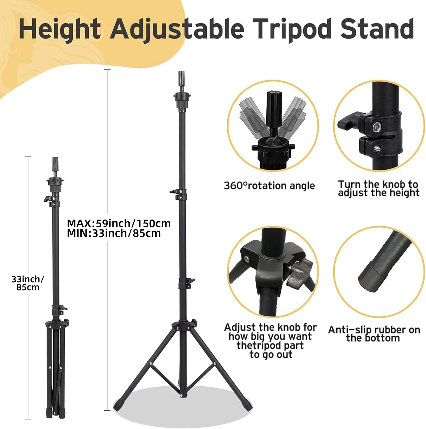 59 Inch Wig Head Stand, Reinforced Mannequin Head Stand, Adjustable Wig Stand Tripod for Styling Cosmetology Hairdressing Training, Gifts for Women, Christmas Gifts (Mannequin Head Not Included)