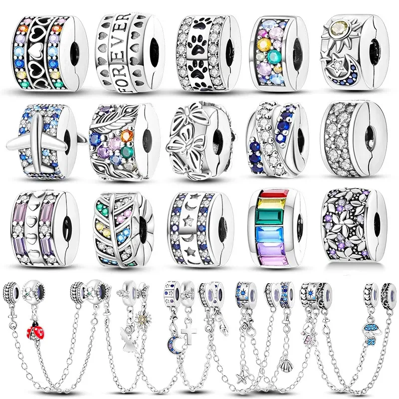 

Silver Plated Clip Shiny CZ Heart Clip Charm Flower Bead Safey Chain Stopper Fit Bangle Bracelet Jewelry