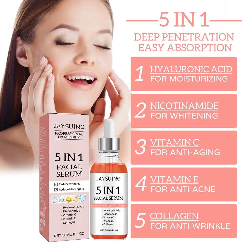 30ml 5 In 1 Face Serum Moisturizing Hyaluronic Acid Vitamin C Facial Serum smoothing Brightening Skin Care