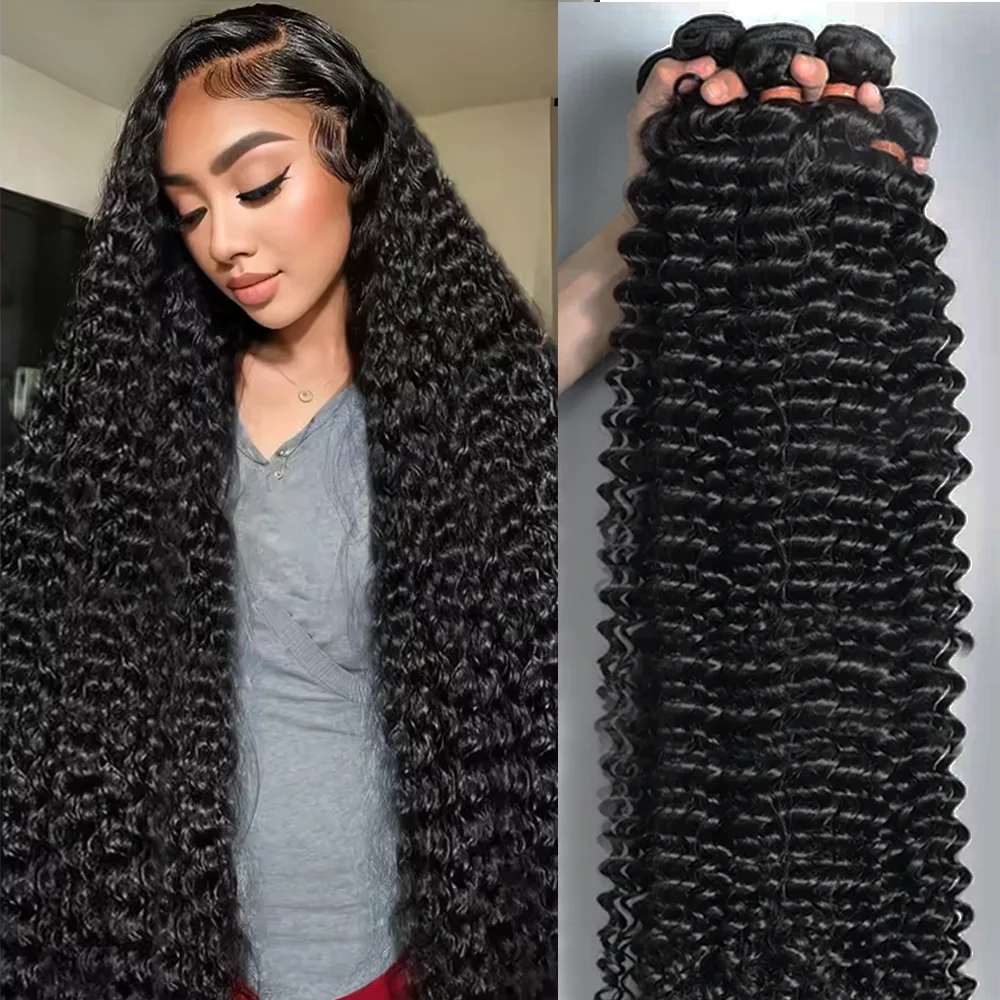 

20, 30, 40 дюймов, пучки человеческих волос с глубокими волнами, 1 3, 4 шт., натуральный черный бразильский плетение, девственные 100% пучки человеческих волос Remy, парики