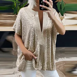 Summer Sequins Blouses T Shirt Women Short Sleeve Top Femme Tees Ladies Shirts Sexy V Neck Blouse Loose Casual Silver Gold Color