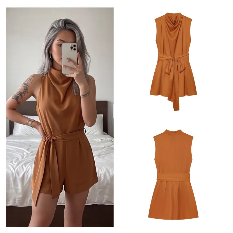 2026 Fall New Minimalist Orange Womens Romper Sleeveless Shoulder Pad Belt Beach Vacation Jumpsuit