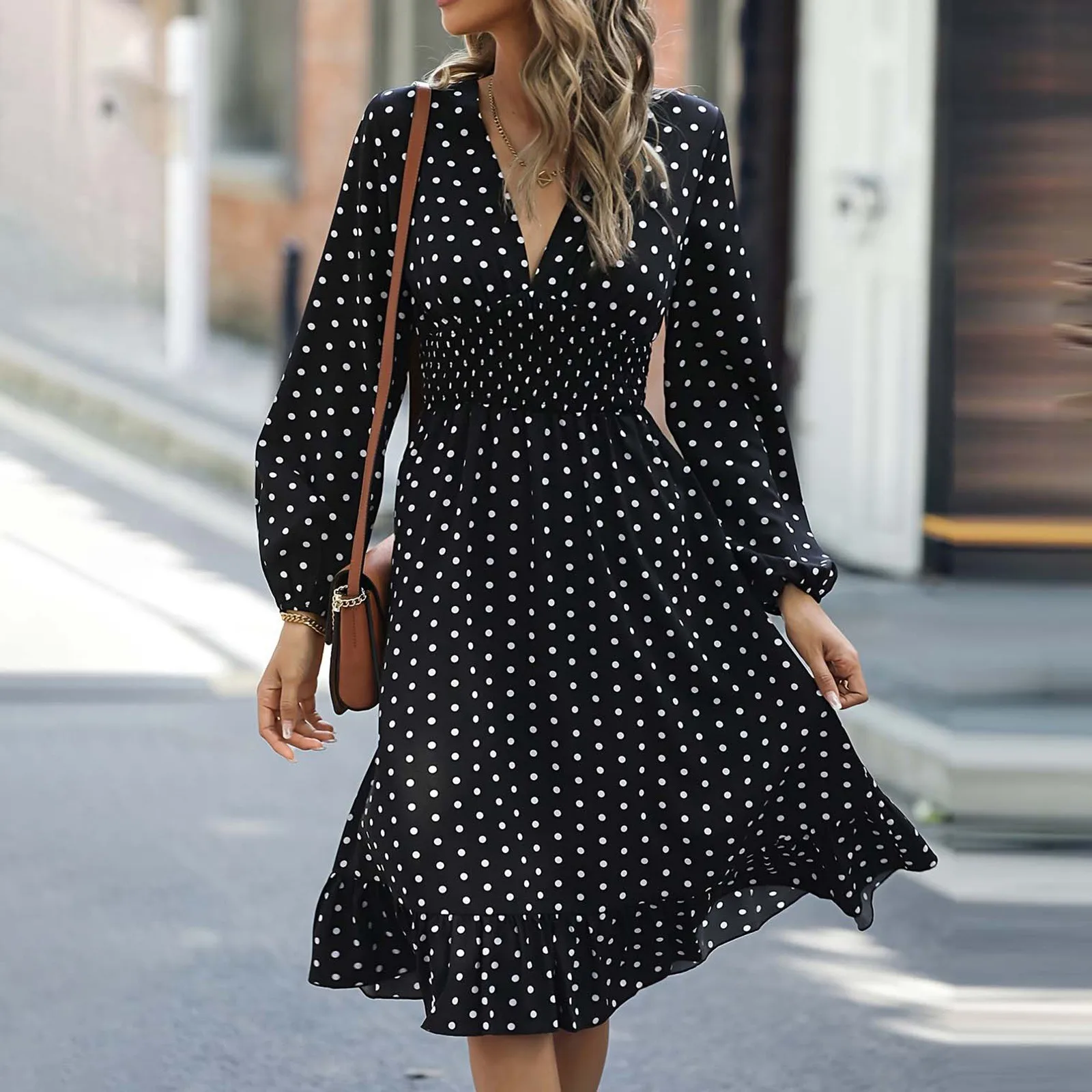 

Polka Dot Print Women Dress Autumn Elegant Waist Slimming Polka Dot Ruffles Hem Long Sleeve Dress Party Office Dresses Vestidos