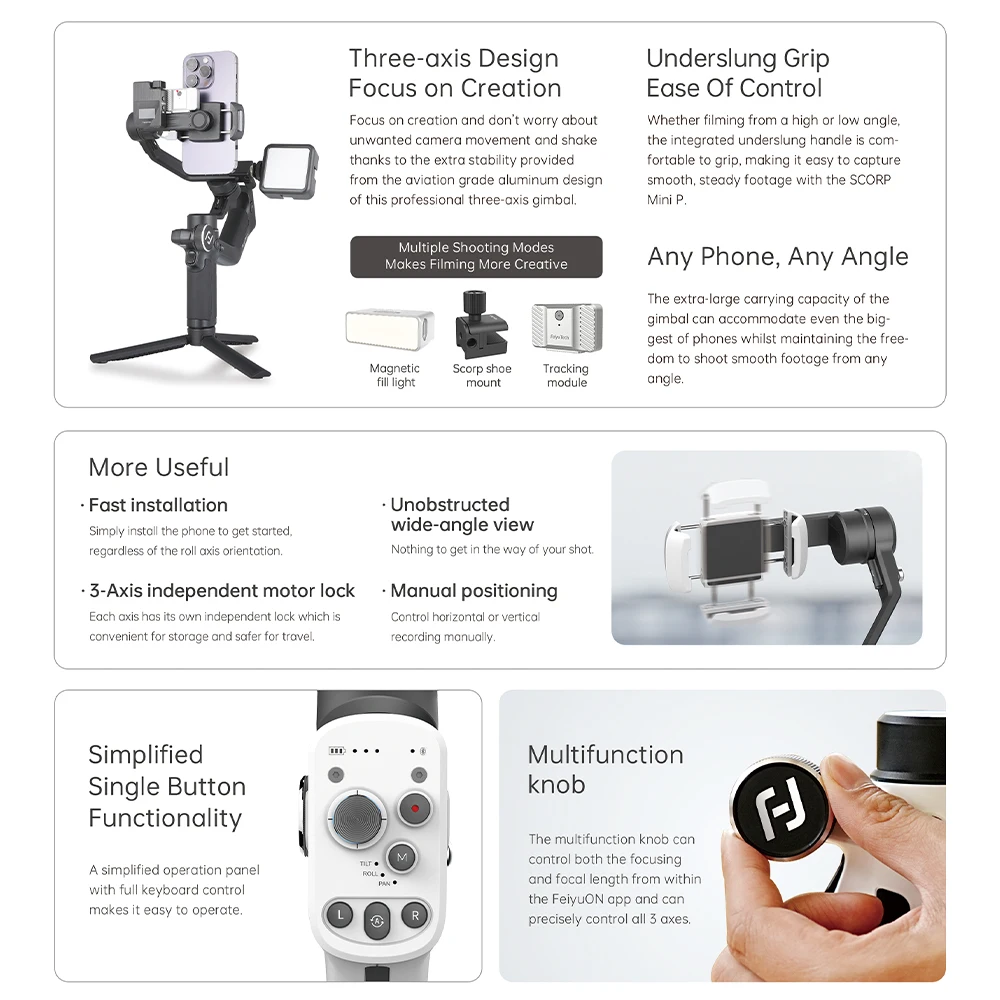 Feiyu Scorp Mini P 3-Axis Gimbal Stabilizer هاتف ذكي محمول مضاد للاهتزاز APP تتبع الأشياء عن بعد Gimbal مع الأسهم