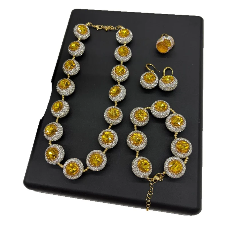 New Round Crystal Rhinestone 4Pcs Necklace Earrings Bracelet Ring Luxury Bridal For Wedding Banquet Evening Party Jewellery Set