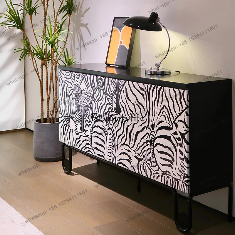 yj7 French light luxury dining side cabinet modern hand-painted zebra pattern home decorative shoes porch cabinet