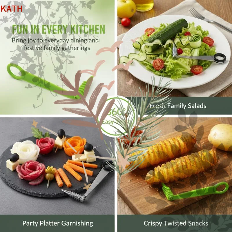 1Pc Stainless Steel/Plastic Handheld Slicer Manual Vegetable Spiral Cutter With Curved Design For Even Cutting Of Potatoes