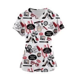 Women Working Uniform Beauty printing Cartoon Short Sleeve V-neck Tops Femme Blouse Nurse Work Wear Beautician's work clothes