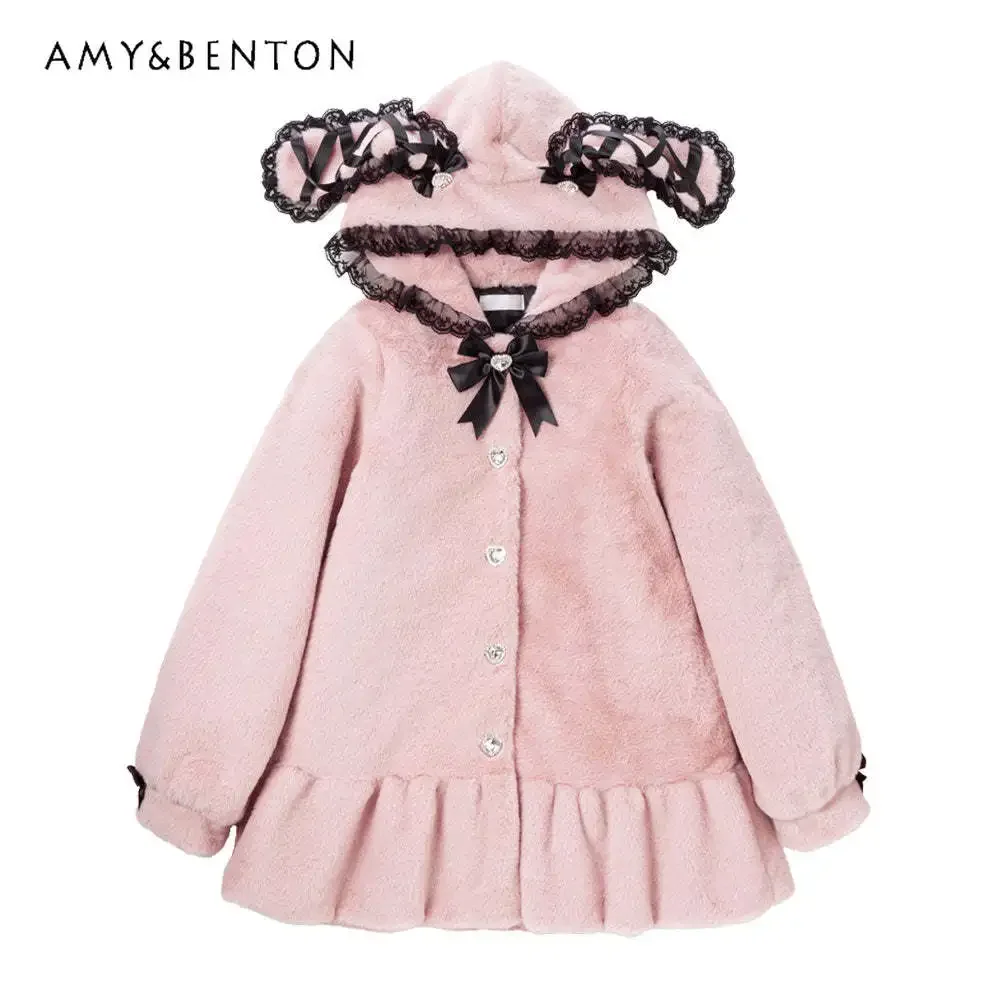 Winter New Japanese Cute Plush Bow Lace Print Hooded Cotton Jacket Loose Slim Mid-Length Clothes Sweet Kawaii Student Coat Women