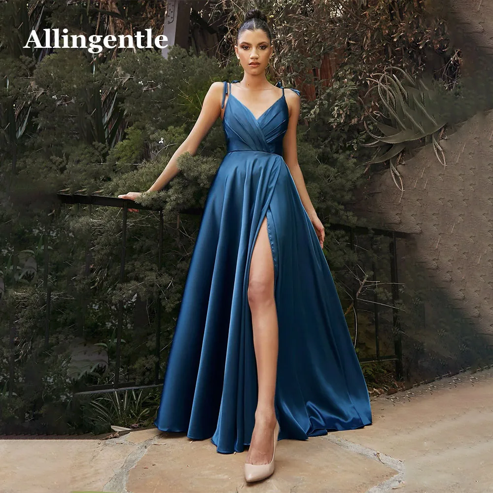 Allingentle Elegant V-Neck Satin Bridesmaid Dresses for Wedding 2024 Simple Spaghetti Straps Floor Length Evening Party Gowns