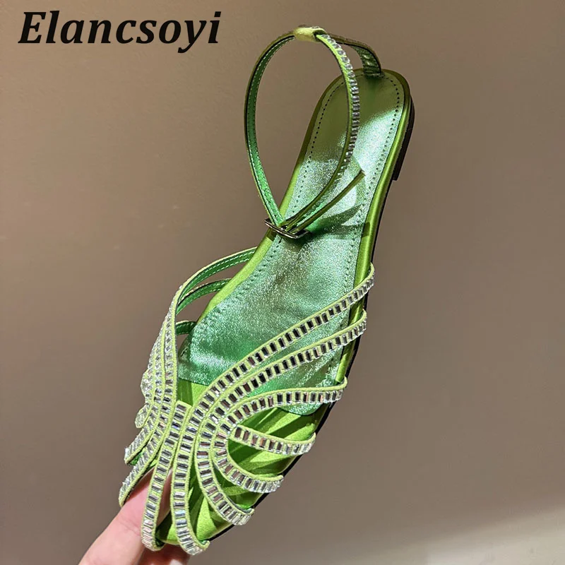 Summer Flat Sandals Women's Shiny Rhinestone Round Toe Hollow Outs Ankle Strap Sandalias Fashion Banquet Dress Shoes 2026