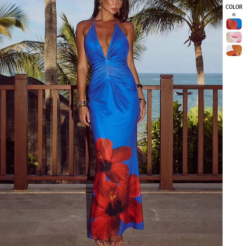 Sexy Strap Dress 2026 Summer Printed Tube Top Sleeveless Backless Ruched Slim Fit Bodycon Dress For Women