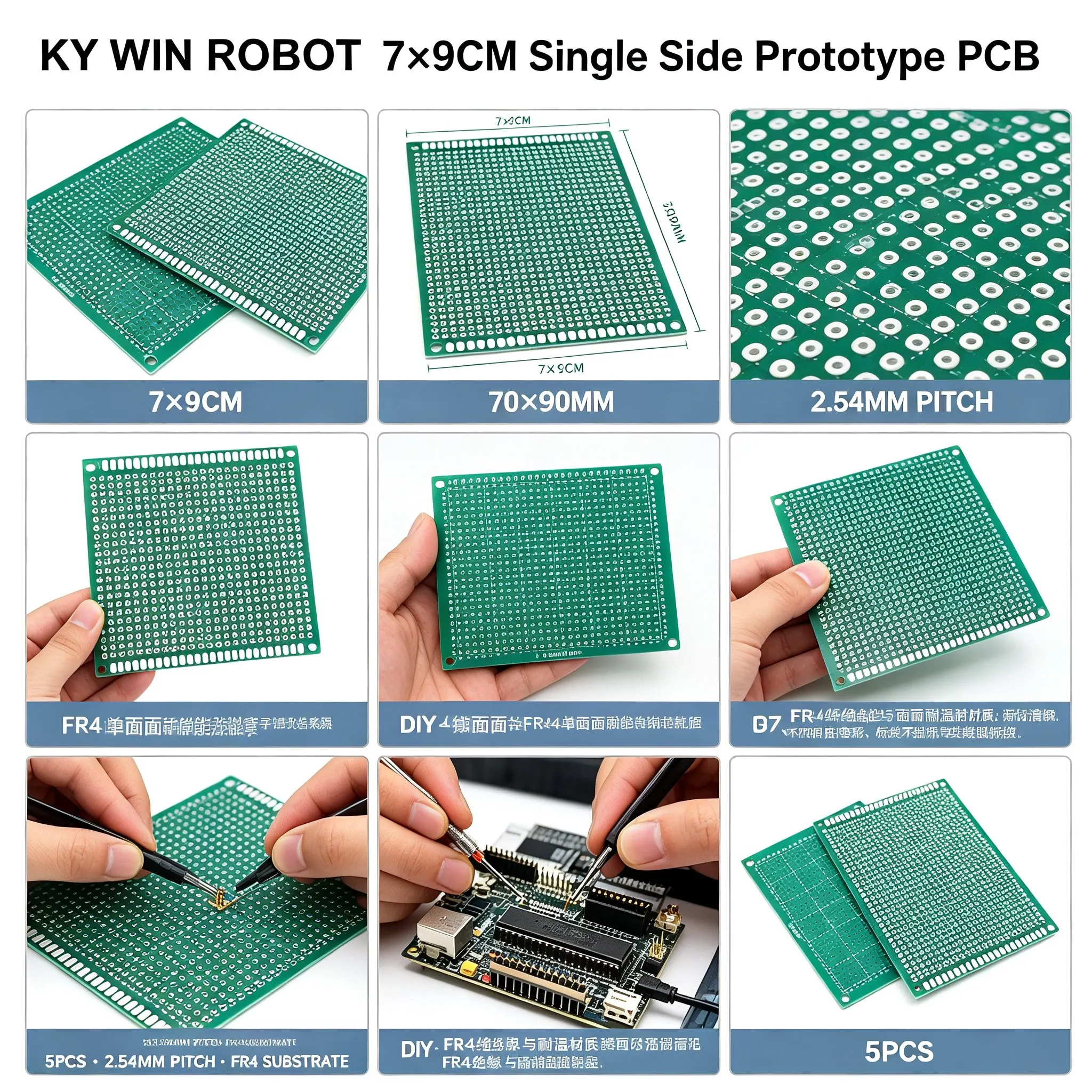 5pcs 7x9cm Single Side FR4 Prototype PCB Board 2.54mm Pitch Universal Matrix Protoboard Printed Circuit Board For Arduino Electr