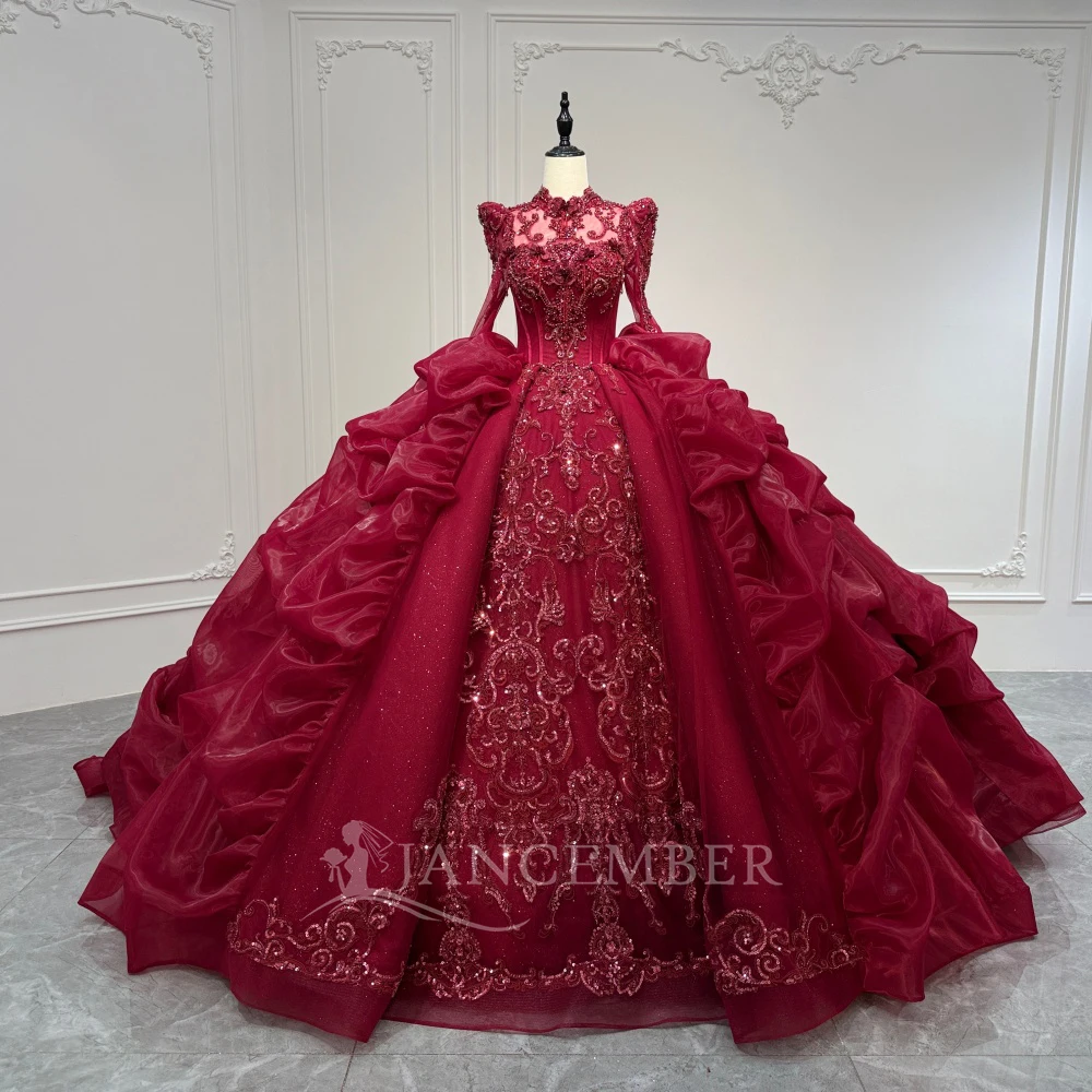 

Customized Princess Wedding Dresses For Bride High Neck Lace Bridal Gowns Illusion Long Sleeves Beading Vestido De Noiva Civil