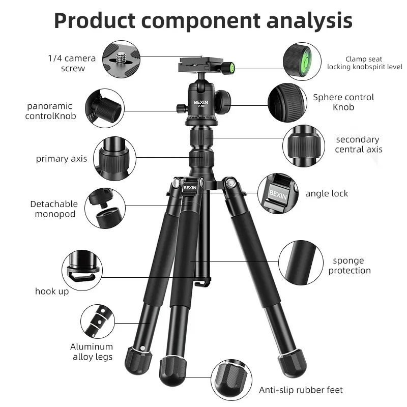 BEXIN MS27 150cm Aluminum Alloy Camera Tripod Stand Light Portable Travel Fast Flip Lock Tripod with Ball Head for DSLR Cameras