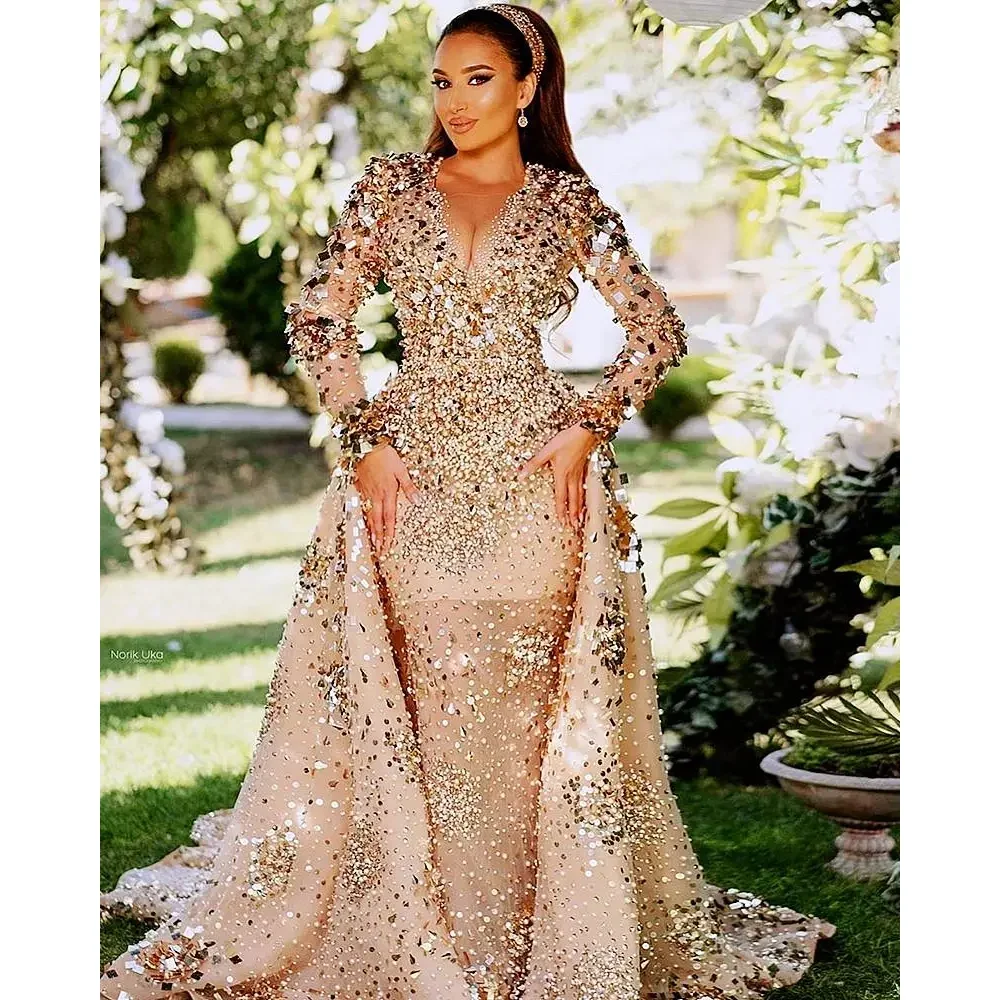 Exquisite Crystal Sequined Evening Dresses for Women Chic V-Neck Long Sleeves Mermaid Gowns Luxury Elegant Prom Party Dresses