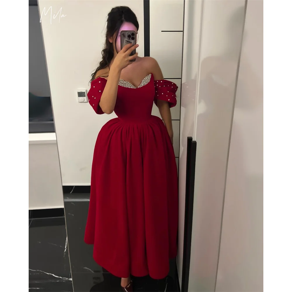 ミラ オフショルダー プロムドレス ラインストーン ボールガウン カスタマイズされたイブニングドレス 足首までの長さのレッドドレス vestidos de gala 2025